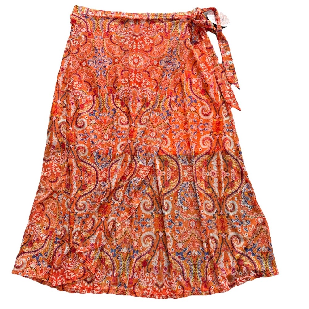Harlow & Rose Skirt Womens L Orange Paisley Mesh Sheer Maxi Pull On Beach Boho